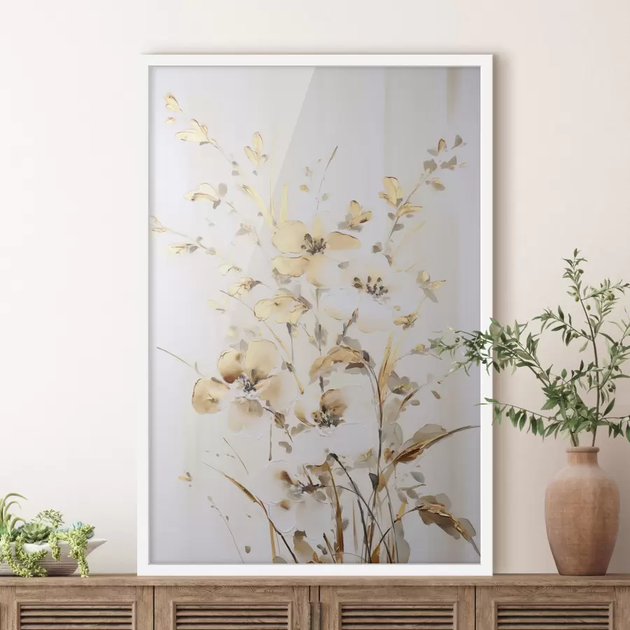 Fototapety Textúrované žlté kvety a listy na bielom pozadí, s jemnými ťahmi štetcom f47017