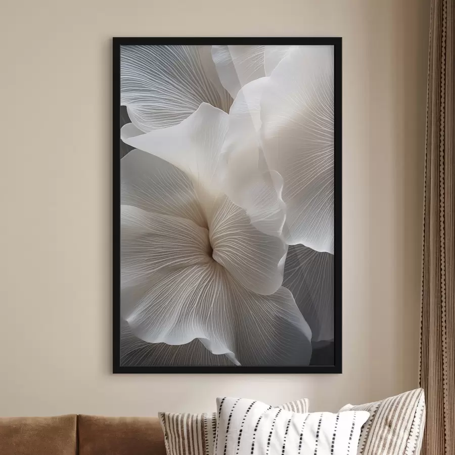 Fototapety Detail jemných abstraktných bielych okvetných lístkov so zložitými líniami a rozmazaným tmavým pozadím f47019