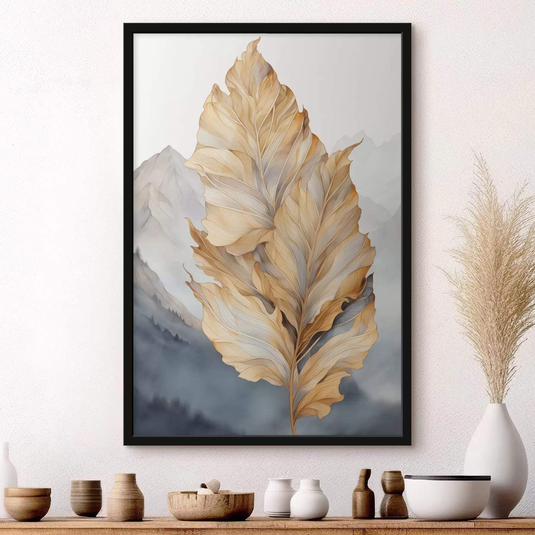 Fototapety Abstraktné veľké, žlté a hnedé listy so zložitými detailmi na pozadí horskej krajiny f47022