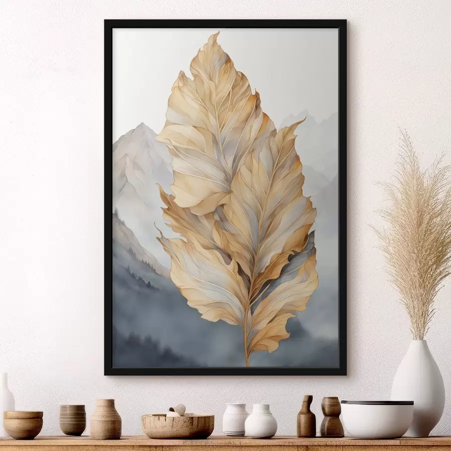 Fototapety Abstraktné veľké, žlté a hnedé listy so zložitými detailmi na pozadí horskej krajiny f47022