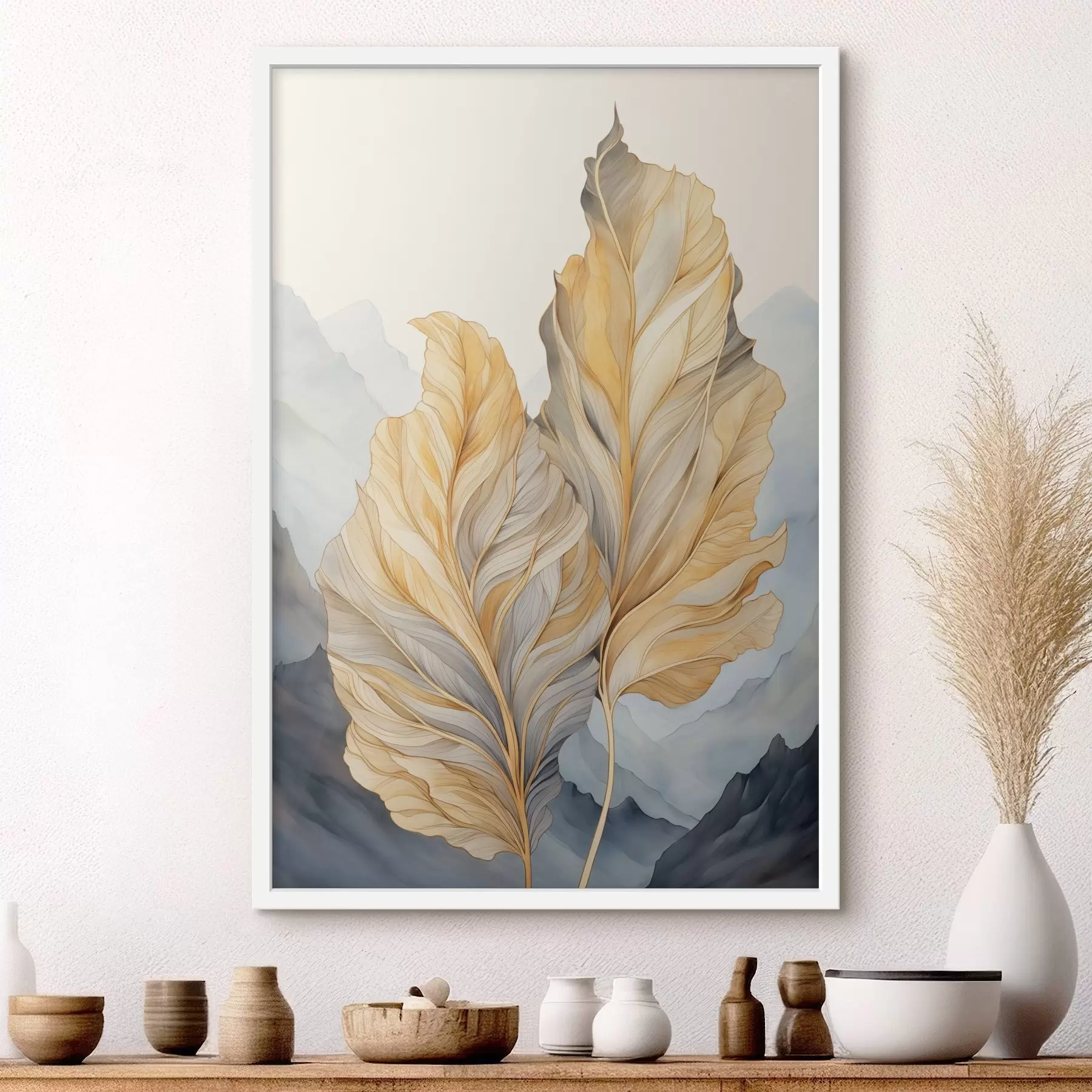 Fototapety Abstraktné veľké, žlté a hnedé listy so zložitými detailmi na pozadí horskej krajiny f47023