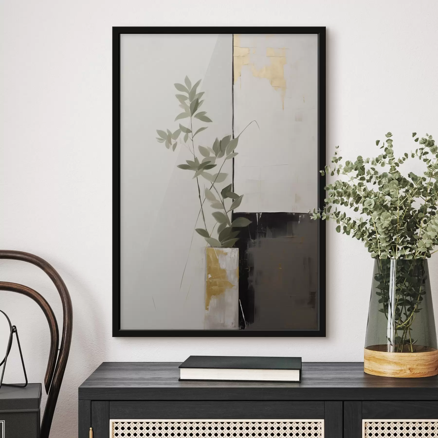 Fototapety Minimalistická textúrovaná maľba vázy so zelenými listami na pozadí abstraktných geometrických tvarov f47036