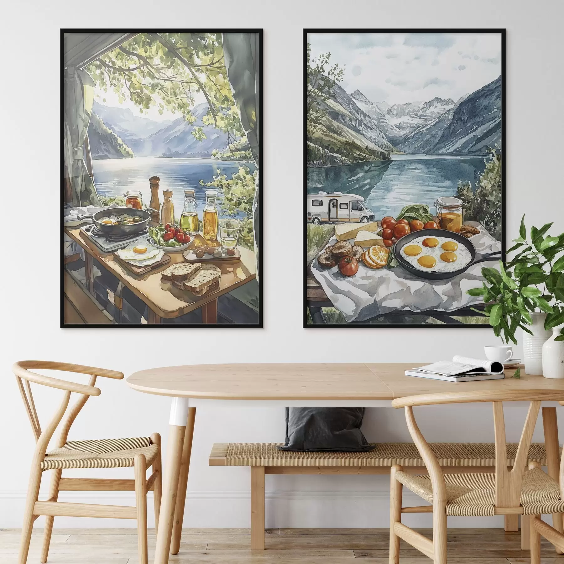 Fototapety Kempovanie, estetické raňajky pri jazere, akvarel d00405