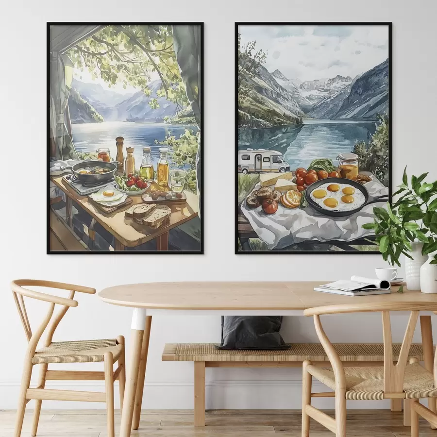 Fototapety Kempovanie, estetické raňajky pri jazere, akvarel d00405