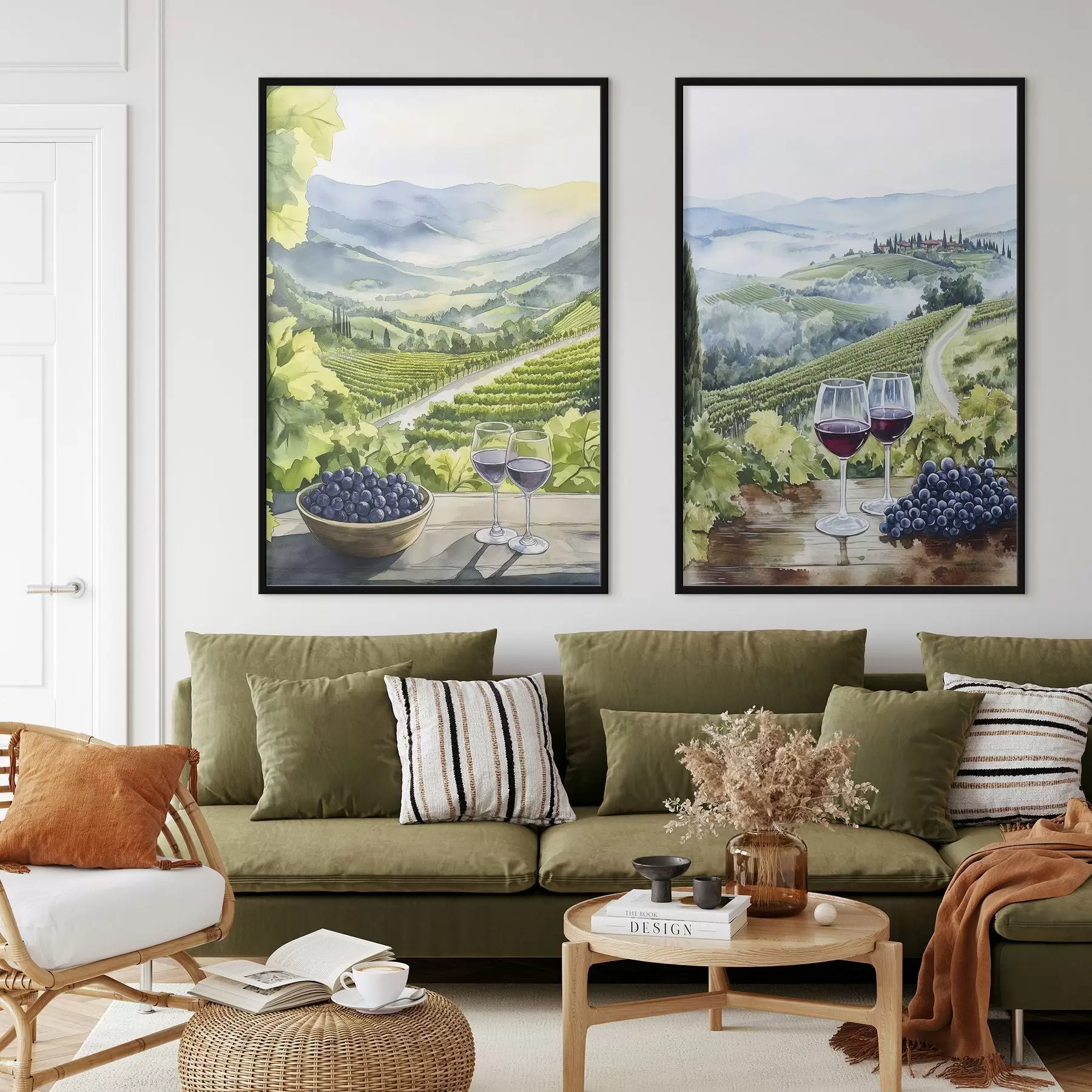 Fototapety Krásne toskánske krajiny, hroznové dvory, poháre na víno, akvarel, Taliansko d00408