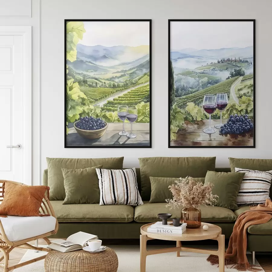 Fototapety Krásne toskánske krajiny, hroznové dvory, poháre na víno, akvarel, Taliansko d00408