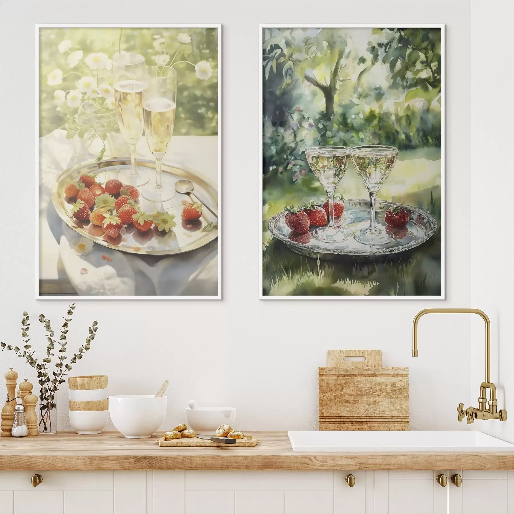 Fototapety Letný piknik, poháre na šampanské s jahodami na podnose, kvety harmančeka d00414