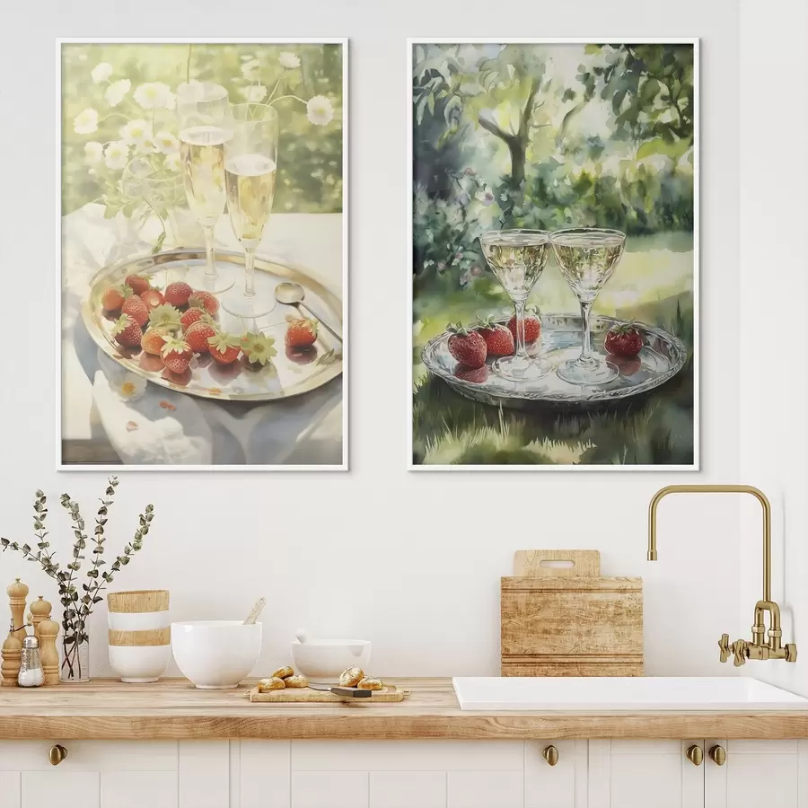 Fototapety Letný piknik, poháre na šampanské s jahodami na podnose, kvety harmančeka d00414