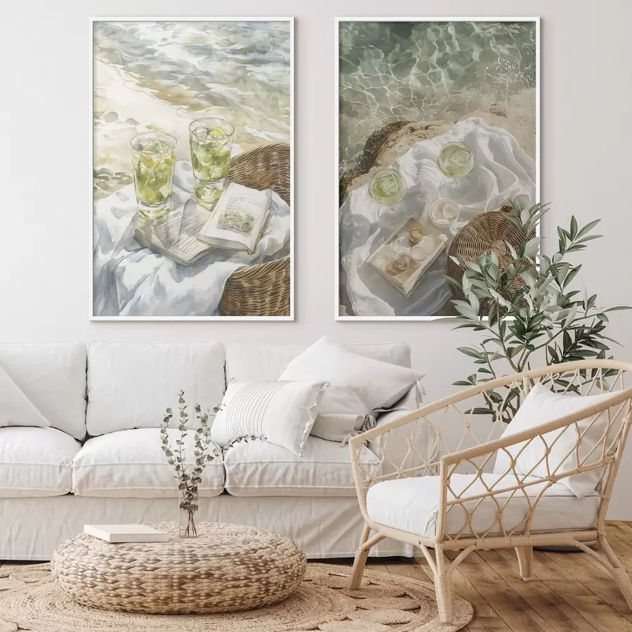 Fototapety Koktaily na pláži, akvarel, oceán, letný piknik d00417