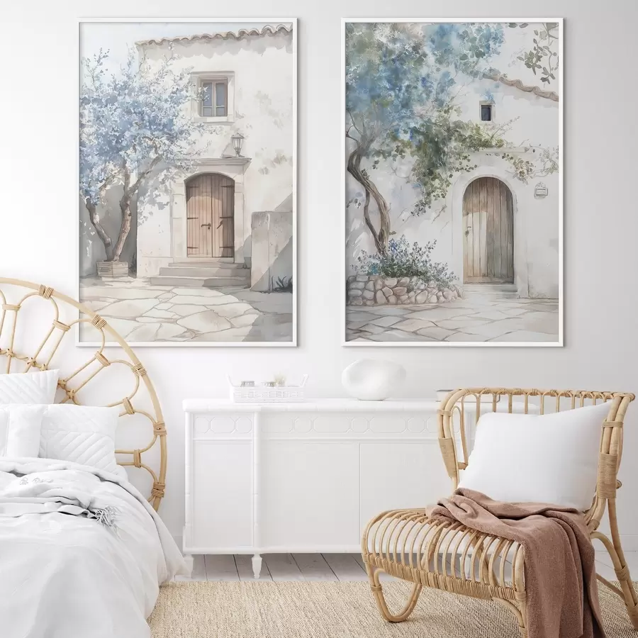 Fototapety Grécke biele domy s kvitnúcimi stromami, stredomorské, akvarelový štýl kresby d00419