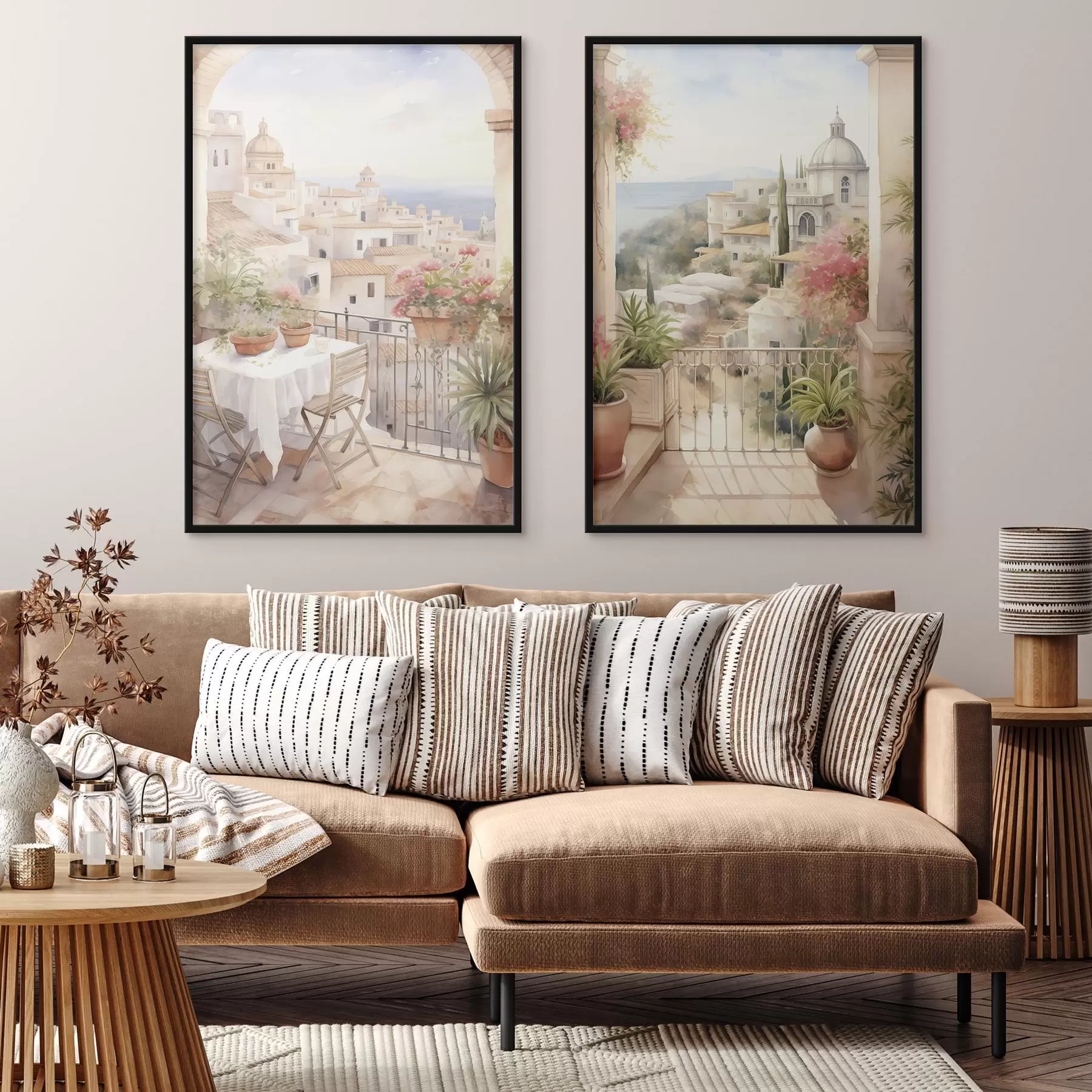 Fototapety Západ slnka na balkóne, architektúra, kvitnúce kvety, akvarel, stredomorský štýl d00420