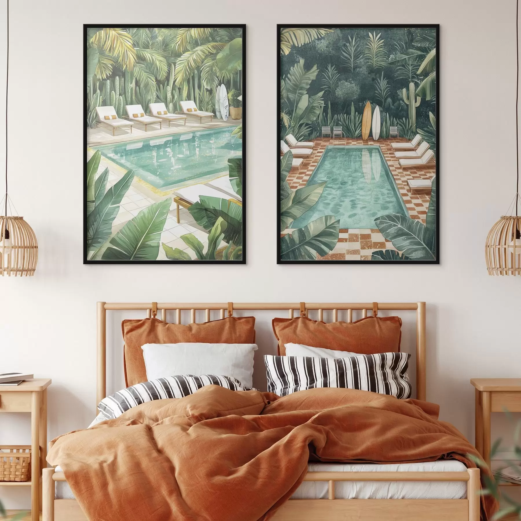 Fototapety Letný bazén, vinobranie, tropický les, zeleň, palmy, akvarelový štýl d00422