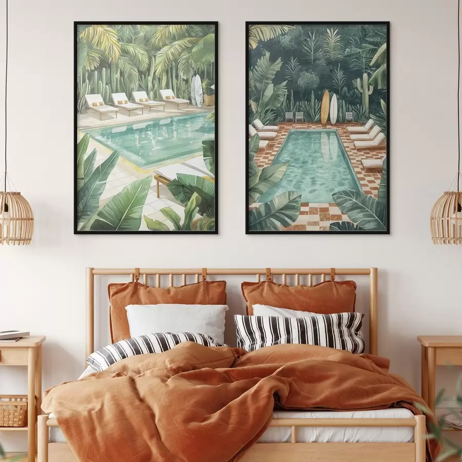 Fototapety Letný bazén, vinobranie, tropický les, zeleň, palmy, akvarelový štýl d00422