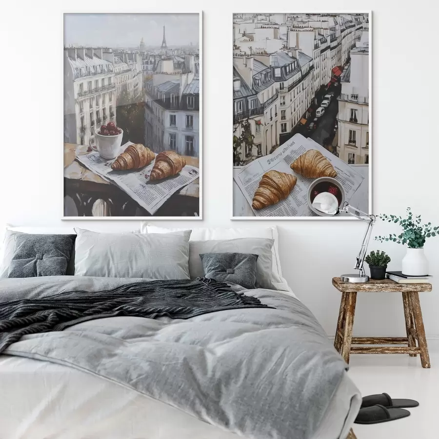 Fototapety Pohľad na mesto na balkóne v Paríži, Eiffelova veža, jahody, káva, časopis d00445