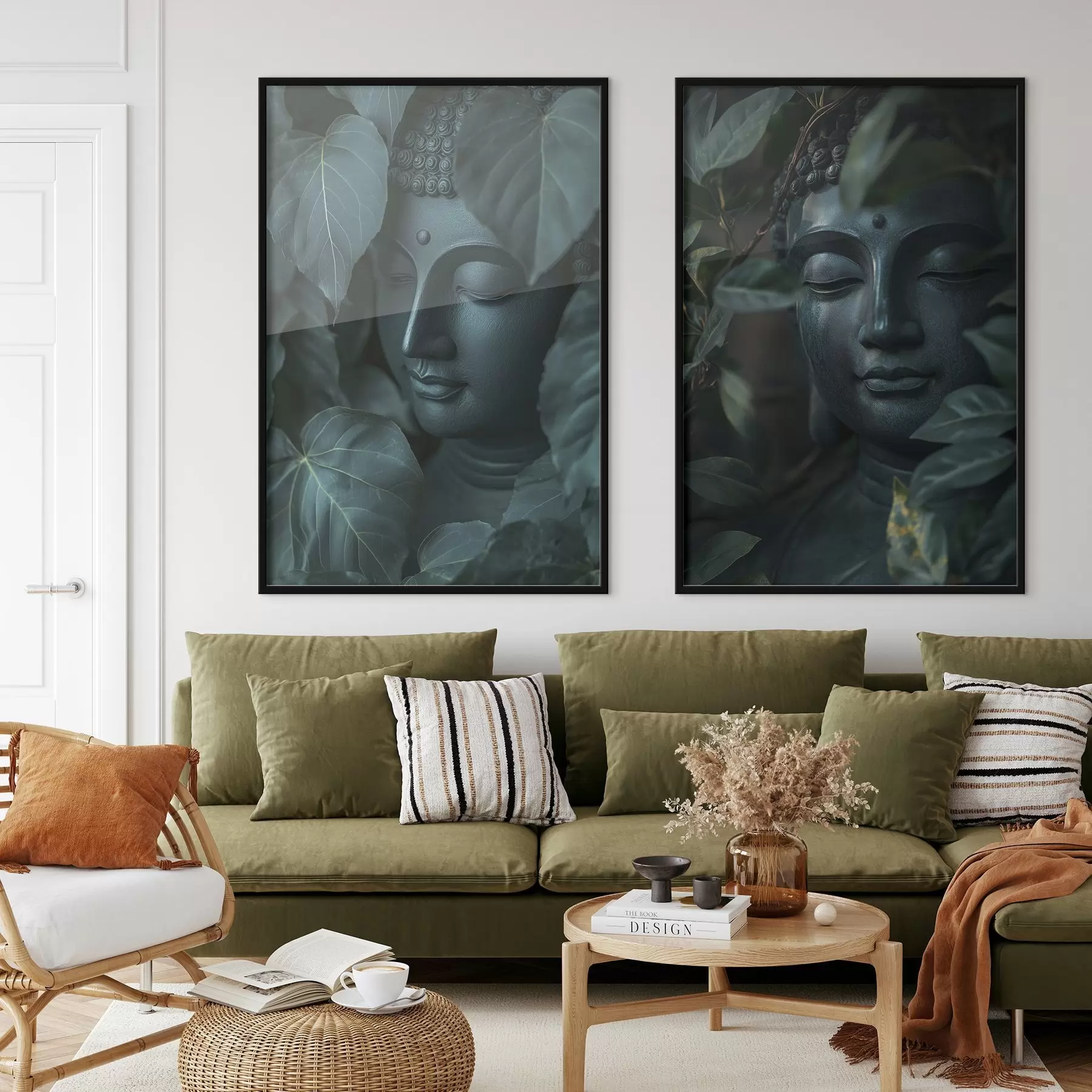 Fototapety Meditatívny Budha v zelených listoch, budhizmus, tropický, realizmus d00447