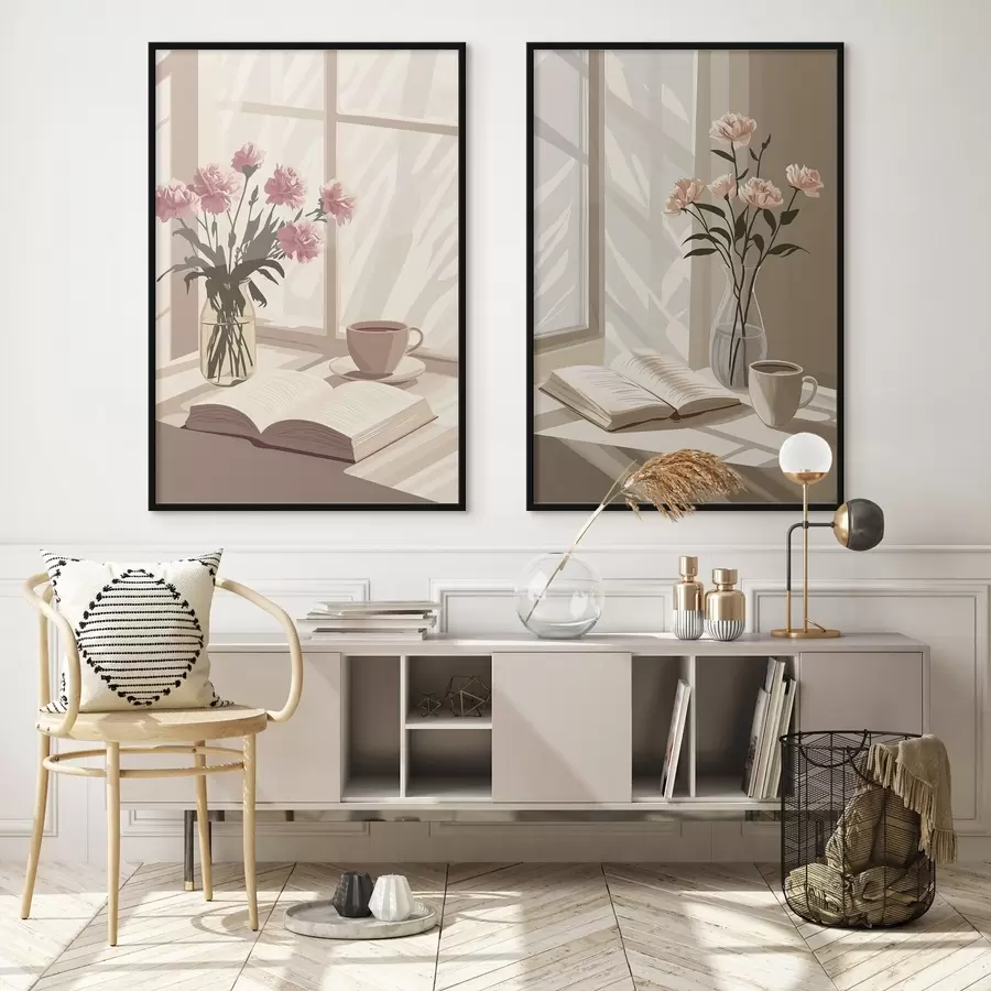 Fototapety Abstrakcia, ranná estetika, šálka kávy, kniha, kvety d00448