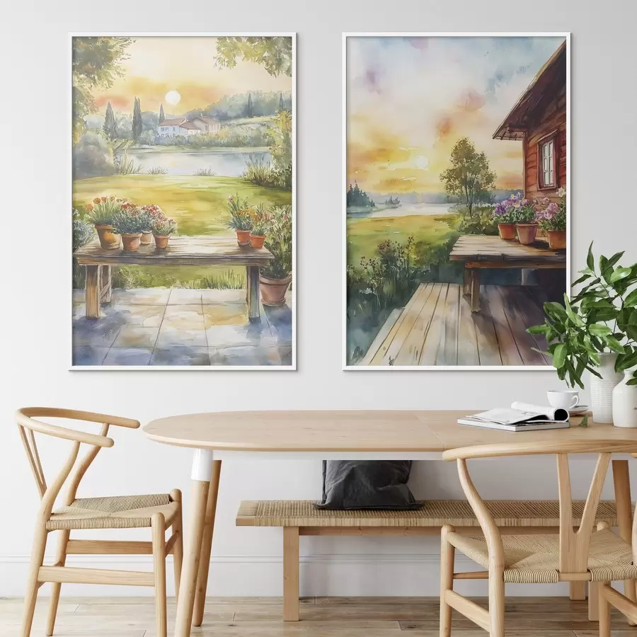 Fototapety Letná dedina, západ slnka, rustikálne, kvety, jazero, akvarel d00449