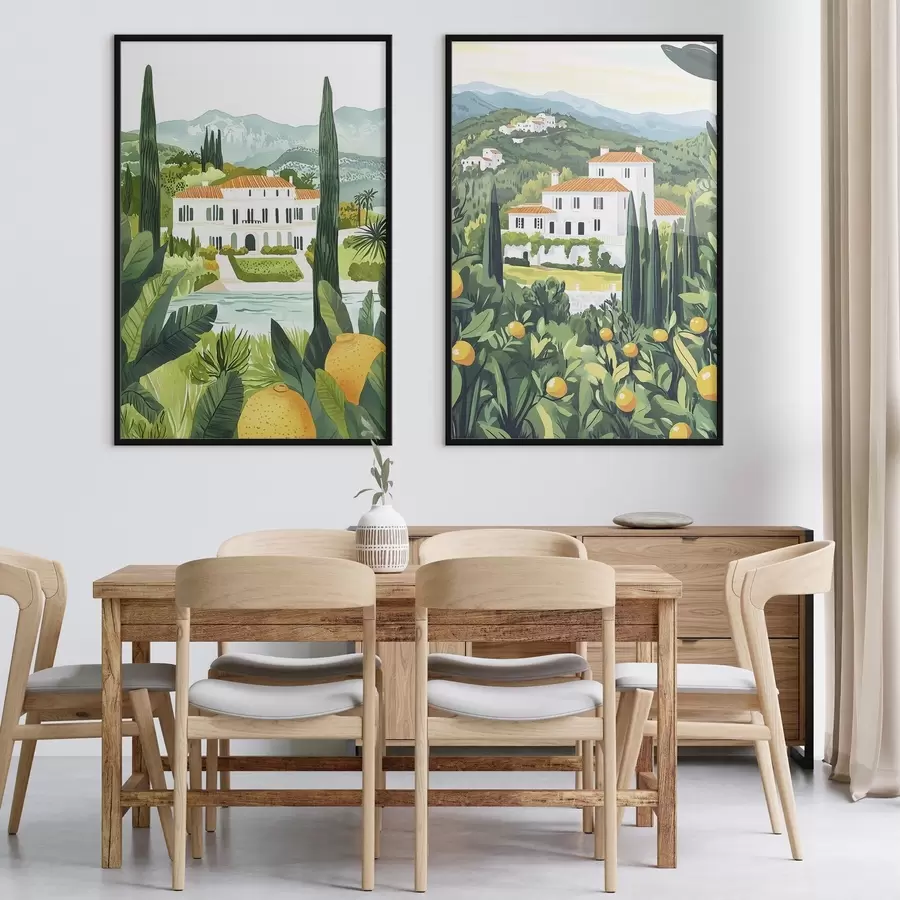 Fototapety Stredomorská krajina so stromami a domami, morské pobrežie, Španielsko d00450