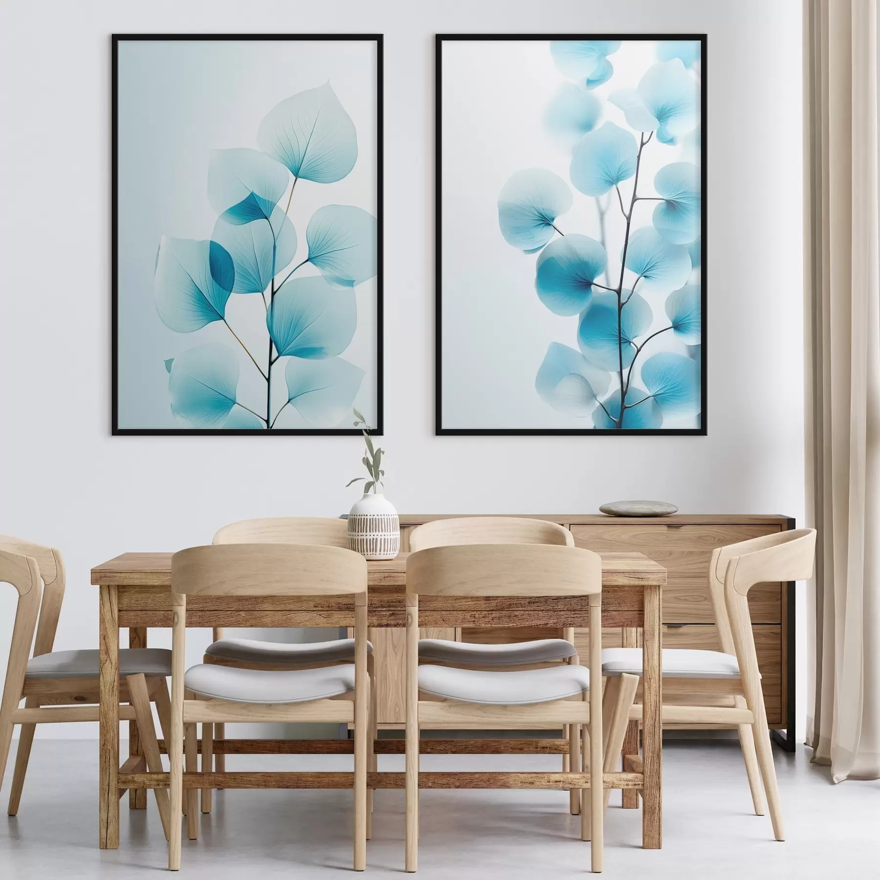 Fototapety Vetva s priesvitnými modrými listami, viditeľné jemné žilky, ľahká a pokojná kompozícia, minimalistická estetika d00522