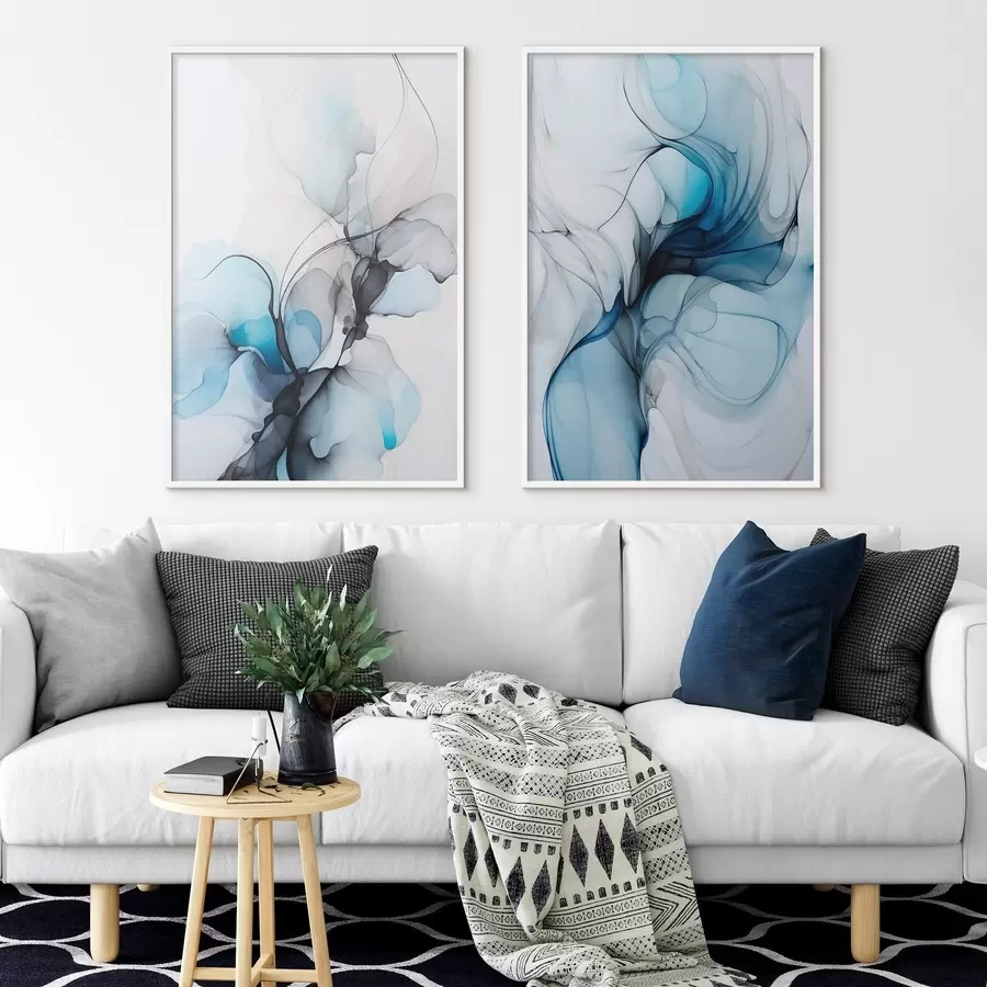 Fototapety Abstraktná kompozícia s plynúcimi líniami a priesvitnými okvetnými lístkami v odtieňoch modrej, bielej a béžovej, imitácia alkoholového atramentu d00523