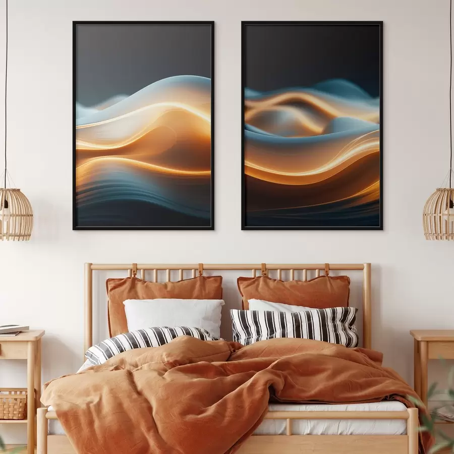 Fototapety Abstraktné plynulé tvary s oranžovými líniami, hladké krivky a línie, dynamická kompozícia, tmavé pozadie d00526