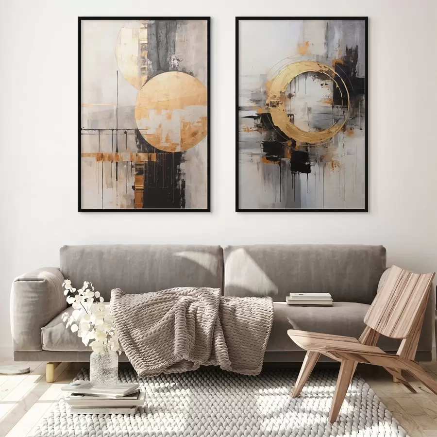 Fototapety Abstraktná maľba s kruhmi, čiernymi a žltými čiarami a pozadím so sivými a bielymi tónmi d00527