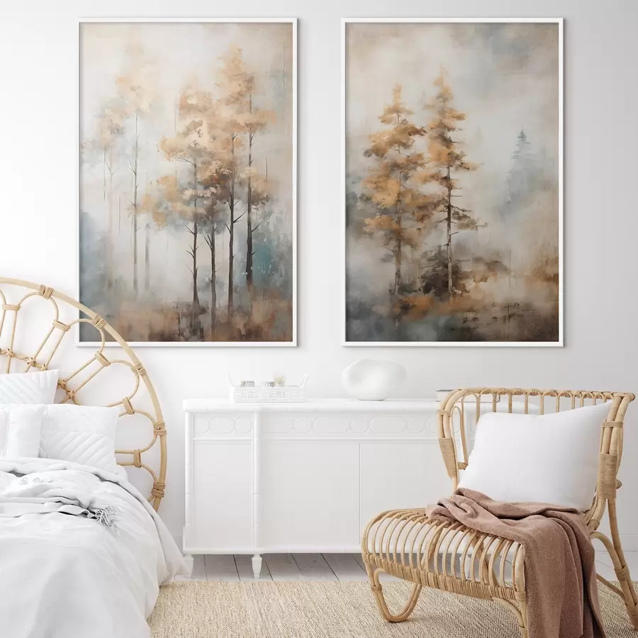 Fototapety Textúrované vysoké stromy so žltými listami v lese , pozadie je zmesou jemných modrých a hnedých tónov d00528