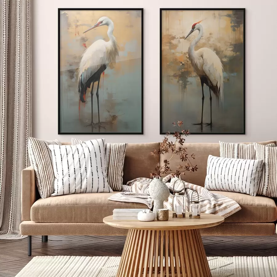 Fototapety Biela volavka na pozadí tlmených žltých, hnedých a modrých odtieňov naznačujúcich hmlistú abstraktnú krajinu d00530