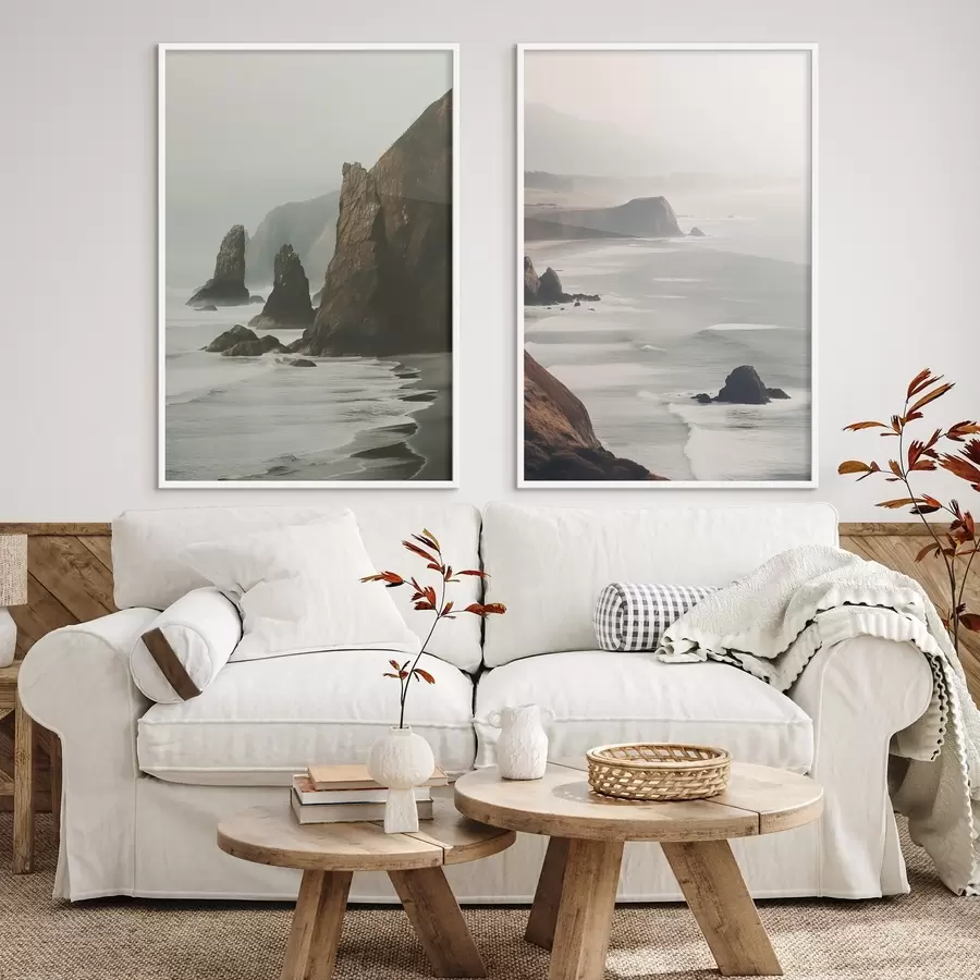 Fototapety Skalnaté útesy a morské pobrežie, vlny narážajúce na breh, krajina s náladovou atmosférou, zemité tóny d00531