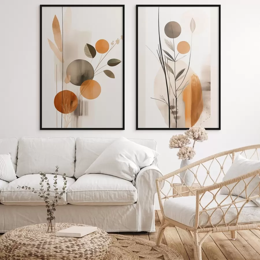 Fototapety Abstraktná maľba s oranžovými a sivými kruhmi, listami a vetvami, moderný štýl, akvarelový efekt d01009