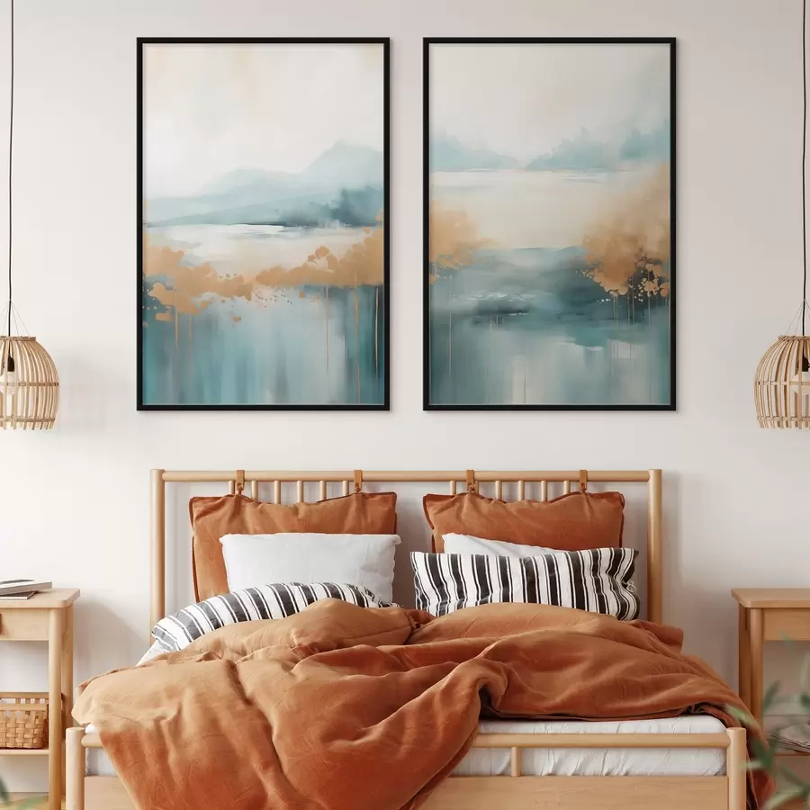 Fototapety Abstraktná krajina s horami a jazerom v modrozelenej a textúrovanej žltej farbe, jemné ťahy štetcom, minimalistické umelecké dielo d01012