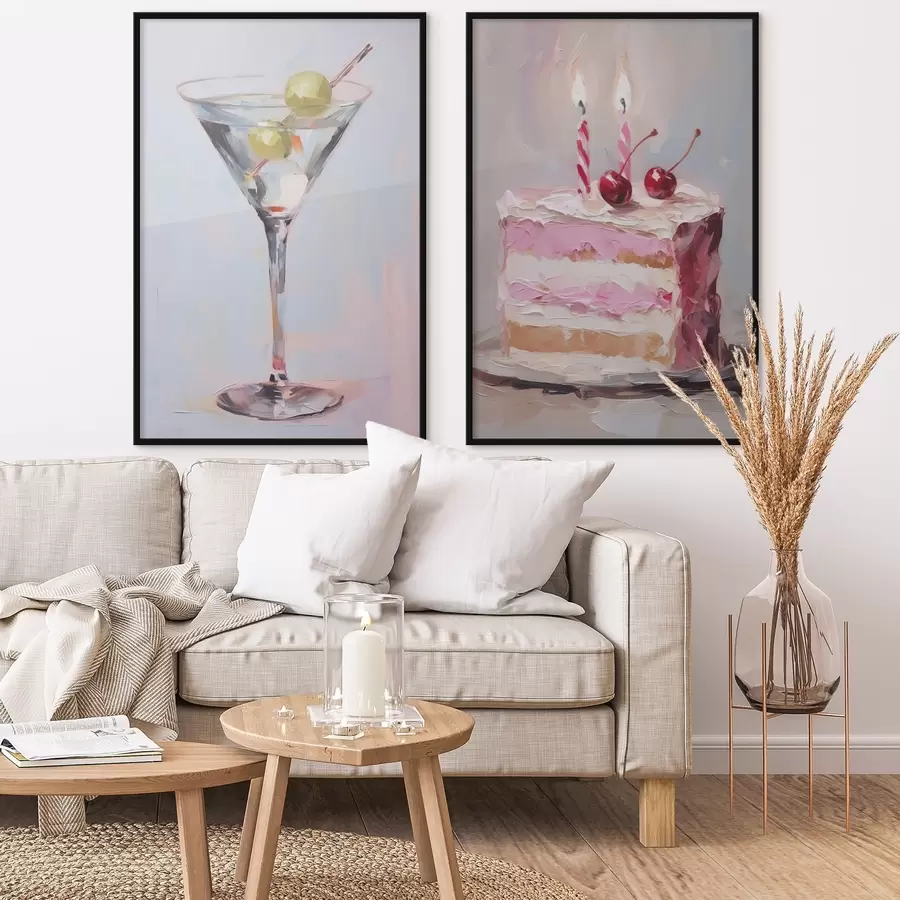 Fototapety Sklenená pohár s nápojom a kúsok torty imitácia maľby d01019