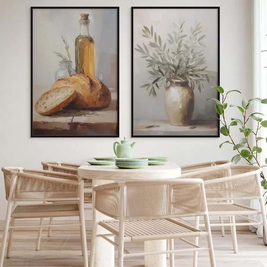 Fototapety Olivové vetvy vo váze, chlieb a fľaša oleja, imitácia maľby d01035