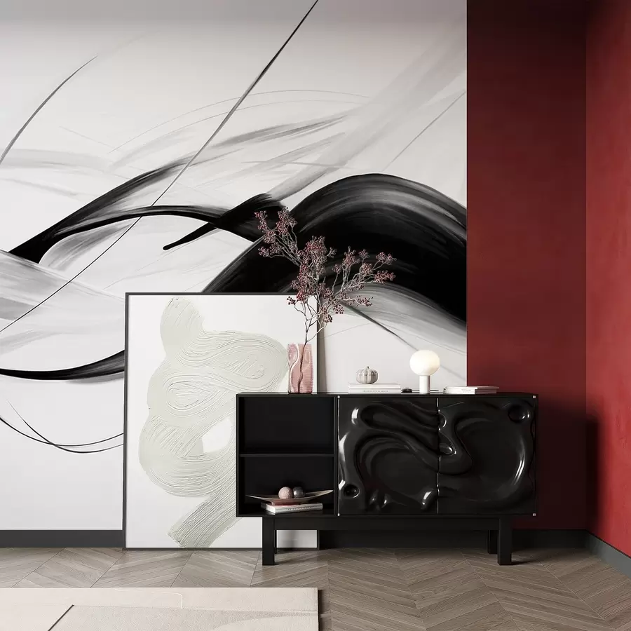 Fototapety Abstraktné čierno-biele ťahy štetcom s tenkými čiarami vytvárajú moderný dizajn na svetlom pozadí. w09605