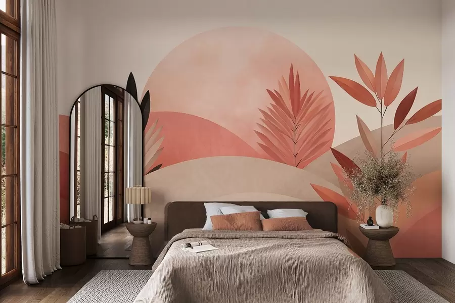 Fototapety Abstraktná boho krajina, slnko za vlniacimi sa kopcami, rastliny v popredí, minimalistické, textúrované, tlmené farby w09608