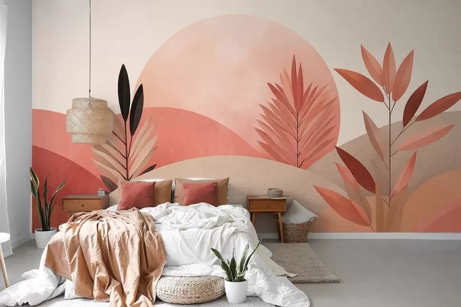 Fototapety Abstraktná boho krajina, slnko za vlniacimi sa kopcami, rastliny v popredí, minimalistické, textúrované, tlmené farby w09608