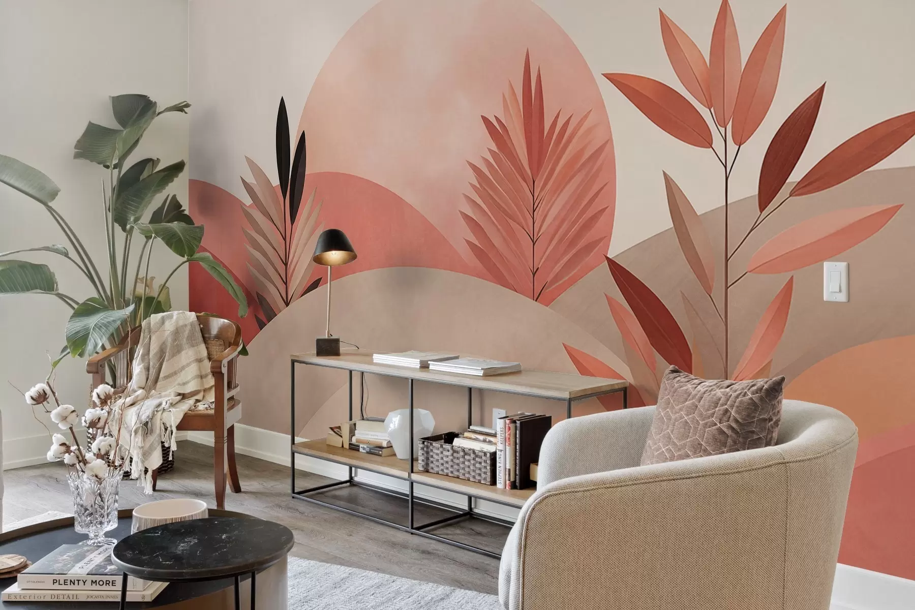 Fototapety Abstraktná boho krajina, slnko za vlniacimi sa kopcami, rastliny v popredí, minimalistické, textúrované, tlmené farby w09608