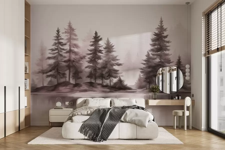Fototapety Textúrovaný hmlistý les s vysokými borovicami, maľba imitácia w09610v1