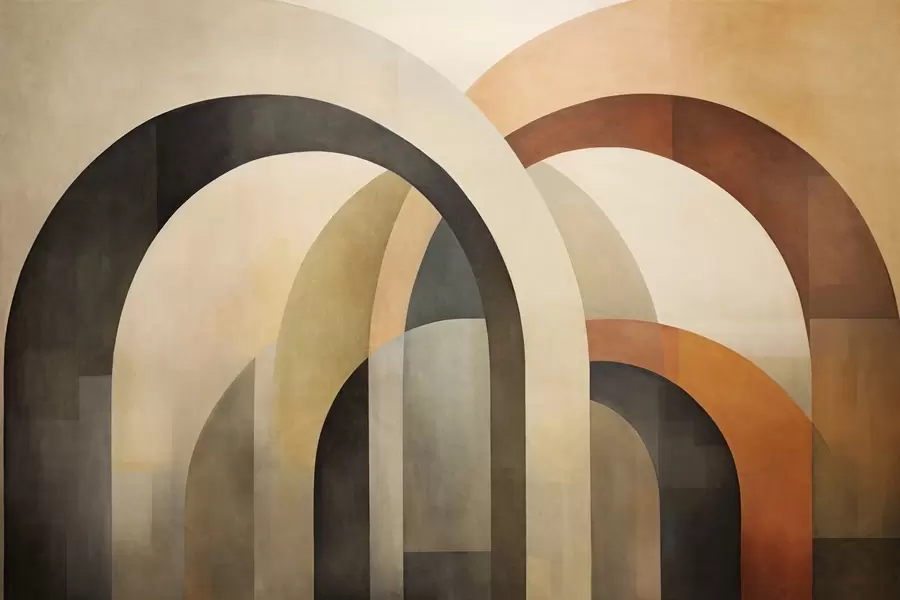 Fototapety Abstraktné textúrované geometrické oblúky v zemitých odtieňoch béžovej, hnedej a sivej, vrstvený moderný architektonický dizajn w09611