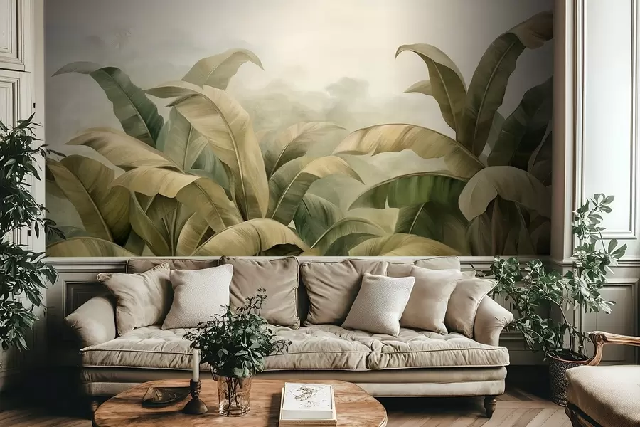 Fototapety Textúrovaná hustá džungľová krajina s veľkými banánovými listami v tlmených zelených a béžových odtieňoch w09613