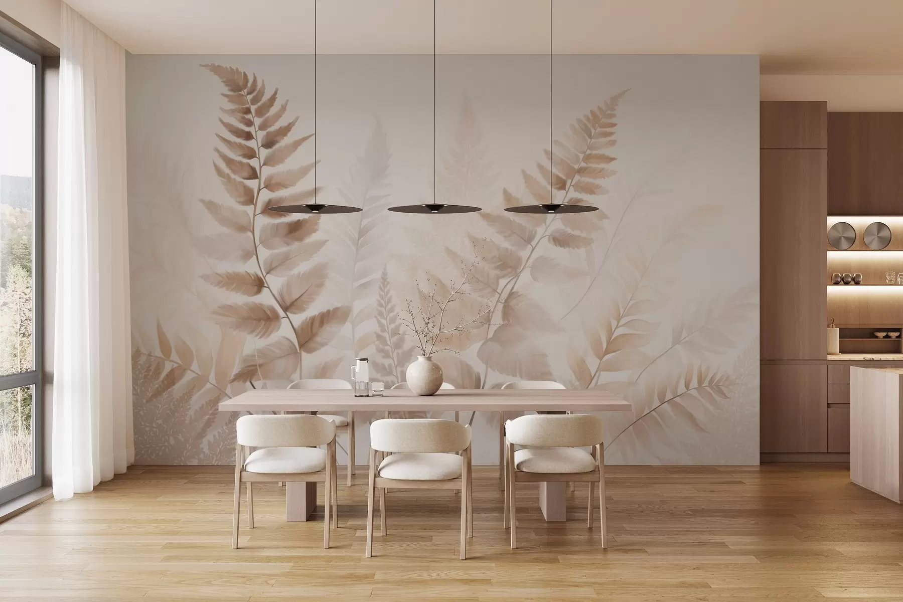 Fototapety Textúrované sušené listy paprade v rôznych odtieňoch hnedej farby s jemným, svetlým pozadím v akvarelovom štýle. w09615