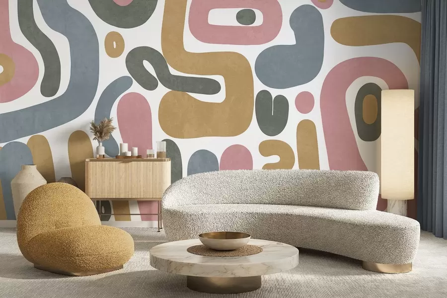 Fototapety Abstraktné textúrované tvary v pastelovo ružovej, tlmenou modrej, horčicovo žltej a sivej farbe na bielom pozadí moderné umenie w09620