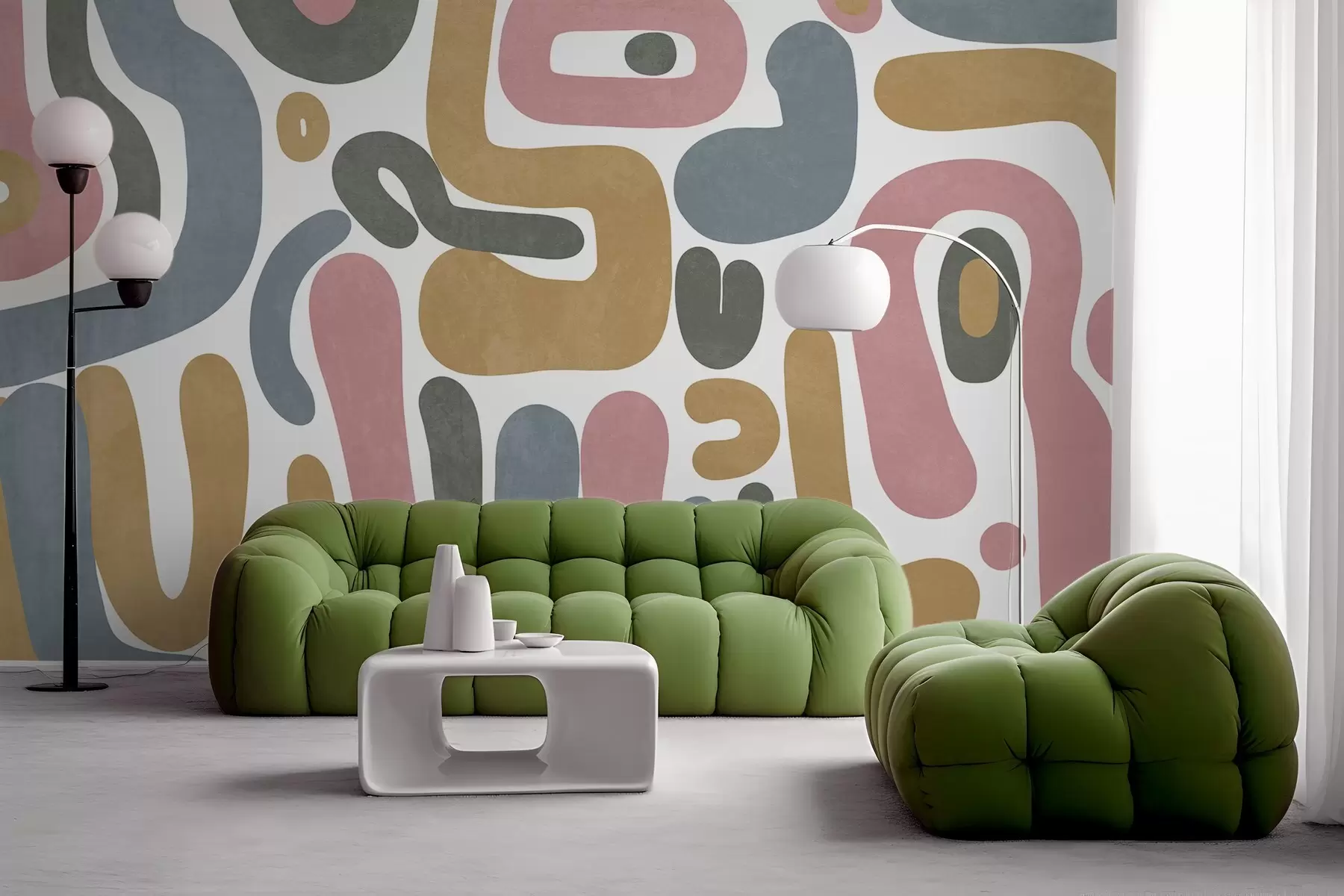 Fototapety Abstraktné textúrované tvary v pastelovo ružovej, tlmenou modrej, horčicovo žltej a sivej farbe na bielom pozadí moderné umenie w09620