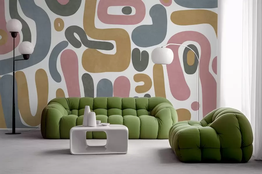 Fototapety Abstraktné textúrované tvary v pastelovo ružovej, tlmenou modrej, horčicovo žltej a sivej farbe na bielom pozadí moderné umenie w09620