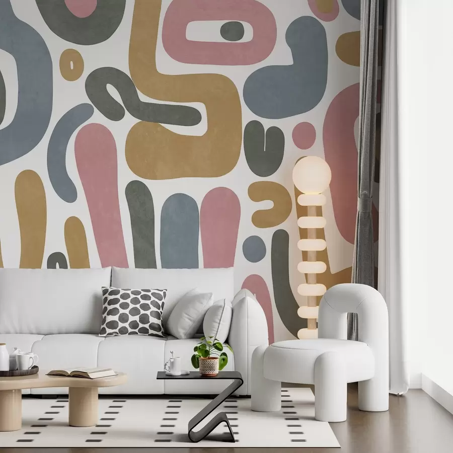 Fototapety Abstraktné textúrované tvary v pastelovo ružovej, tlmenou modrej, horčicovo žltej a sivej farbe na bielom pozadí moderné umenie w09620