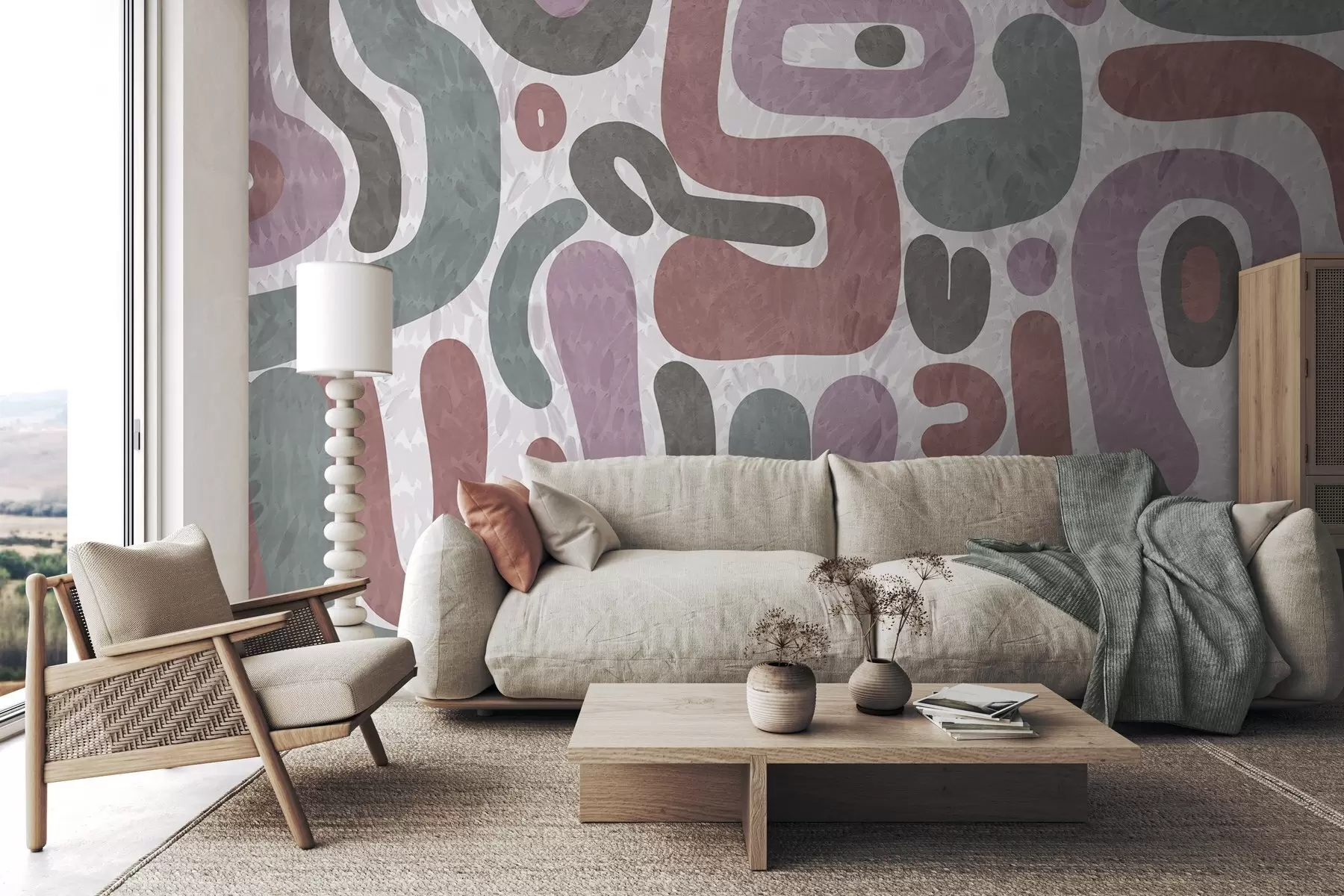 Fototapety Abstraktné textúrované tvary v tlmených ružových, zelených a sivých odtieňoch na textúrovanom pozadí moderného umenia w09622