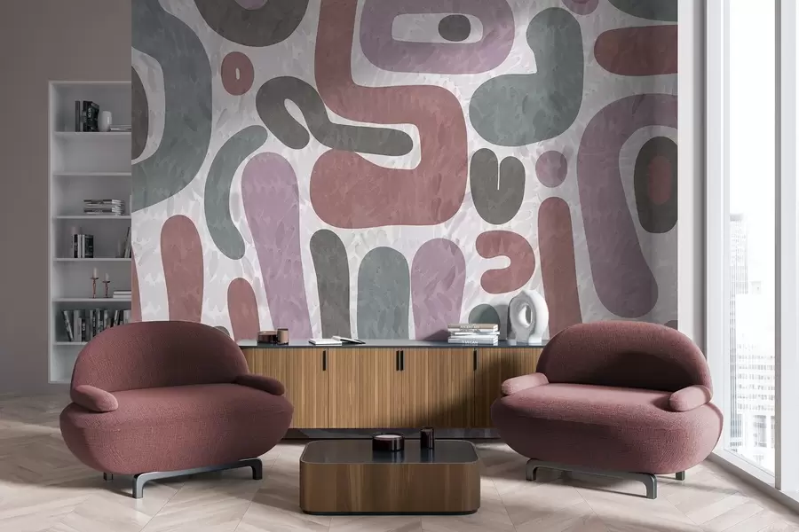 Fototapety Abstraktné textúrované tvary v tlmených ružových, zelených a sivých odtieňoch na textúrovanom pozadí moderného umenia w09622