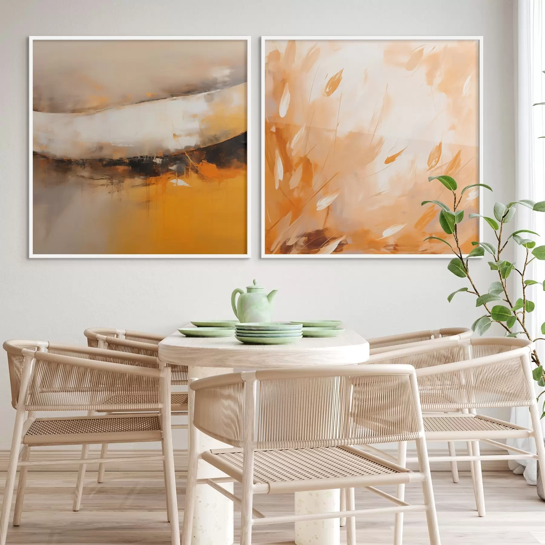 Fototapety Abstraktný diptych v olejovom štýle so žltooranžovými a čiernymi tónmi d00897