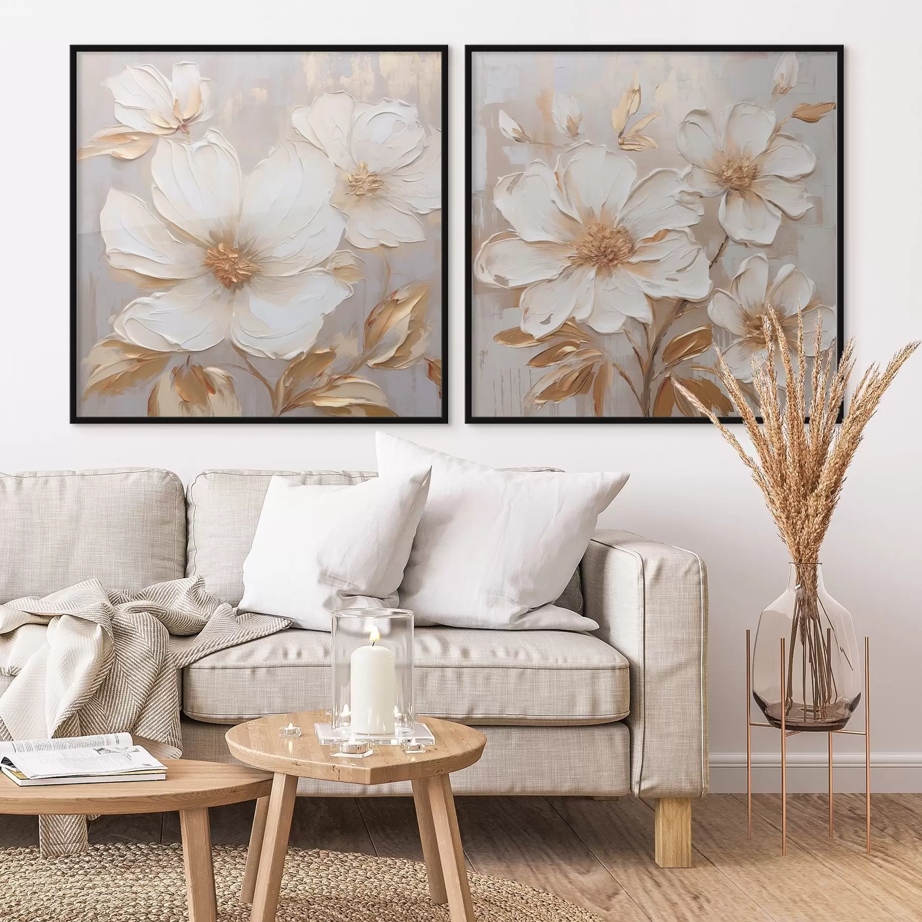 Fototapety Diptych s veľkými kvetmi v svetlých teplých farbách d00927