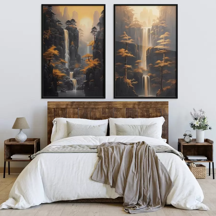 Fototapety Krajina s vodopádom a horami v zlatom svetle d00928